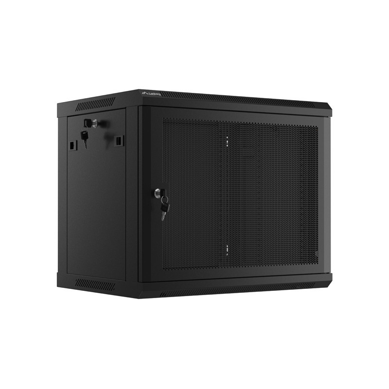 19" RACKOVÁ SKŘÍŇ PRO MONTÁŽ NA STĚNU 9U/600X450 S PERFOROVANÝMI DVEŘMI ČERNÁ  (PLOCHÉ BALENÍ)