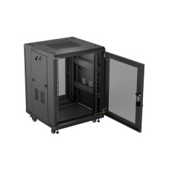 RACKOVÁ SKŘÍŇ 19" VOLNĚ STOJÍCÍ 15U/600X600 (FLAT PACK) S DVÍŘKY ZE SÍŤOVINY ČERNÁ
