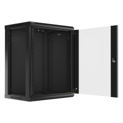 19" RACKOVÁ SKŘÍŇ PRO MONTÁŽ NA STĚNU 15U/600X450 (FLAT PACK) S PROSKLENÝMI DVEŘMI ČERNÁ  V2