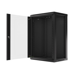 19" RACKOVÁ SKŘÍŇ PRO MONTÁŽ NA STĚNU 18U/600X450 (FLAT PACK) S PROSKLENÝMI DVEŘMI ČERNÁ  V2