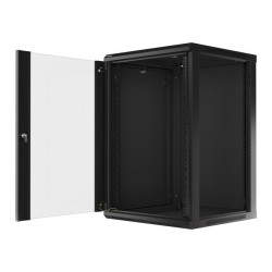 19" RACKOVÁ SKŘÍŇ PRO MONTÁŽ NA STĚNU 18U/600X600 (PLOCHÉ BALENÍ) S PROSKLENÝMI DVEŘMI ČERNÁ  V2