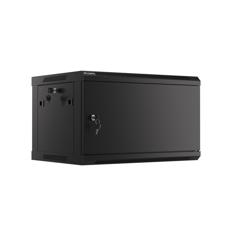 RACKOVÁ SKŘÍŇ 19" PRO MONTÁŽ NA STĚNU 6U/600X450 PRO VLASTNÍ MONTÁŽ S KOVOVÝMI DVEŘMI ČERNÁ  (PLOCHÉ BALENÍ)