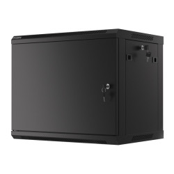 19" RACKOVÁ SKŘÍŇ PRO MONTÁŽ NA STĚNU 9U/600X450 PRO VLASTNÍ MONTÁŽ S KOVOVÝMI DVEŘMI ČERNÁ  (PLOCHÉ BALENÍ)