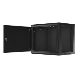19" RACKOVÁ SKŘÍŇ PRO MONTÁŽ NA STĚNU 9U/600X450 PRO VLASTNÍ MONTÁŽ S KOVOVÝMI DVEŘMI ČERNÁ  (PLOCHÉ BALENÍ)