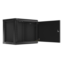 19" RACKOVÁ SKŘÍŇ PRO MONTÁŽ NA STĚNU 9U/600X450 PRO VLASTNÍ MONTÁŽ S KOVOVÝMI DVEŘMI ČERNÁ  (PLOCHÉ BALENÍ)