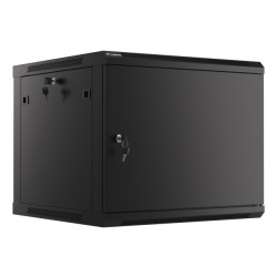 RACKOVÁ SKŘÍŇ 19" PRO MONTÁŽ NA STĚNU 9U/600X600 PRO VLASTNÍ MONTÁŽ S KOVOVÝMI DVEŘMI ČERNÁ  (PLOCHÉ BALENÍ)