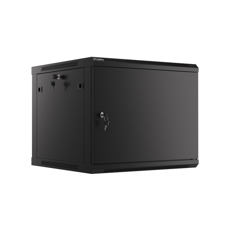 RACKOVÁ SKŘÍŇ 19" PRO MONTÁŽ NA STĚNU 9U/600X600 PRO VLASTNÍ MONTÁŽ S KOVOVÝMI DVEŘMI ČERNÁ  (PLOCHÉ BALENÍ)