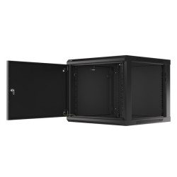 RACKOVÁ SKŘÍŇ 19" PRO MONTÁŽ NA STĚNU 9U/600X600 PRO VLASTNÍ MONTÁŽ S KOVOVÝMI DVEŘMI ČERNÁ  (PLOCHÉ BALENÍ)