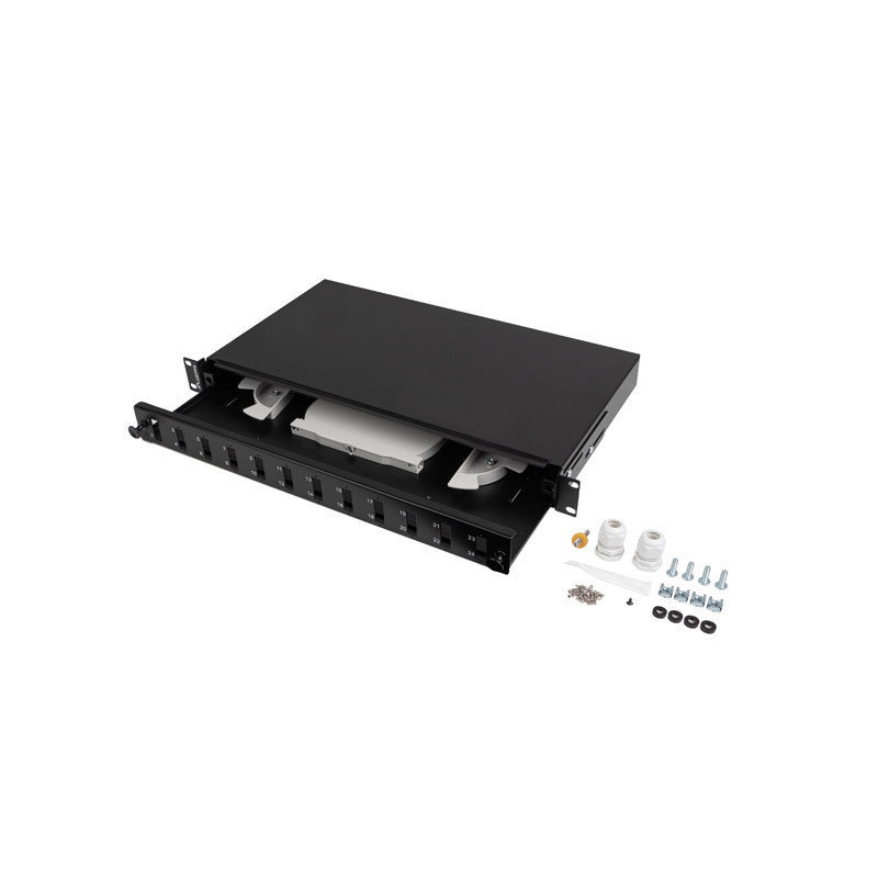 19" 1U OPTICKÝ PATCH PANEL  12XSC DUPLEX / 12XLC QUAD ČERNÝ + PŘÍSLUŠENSTVÍ