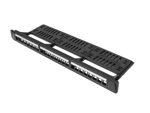 24PORTOVÝ PATCH PANEL 1U S ORGANIZÉREM PRO KEYSTONE MODULY ČERNÝ