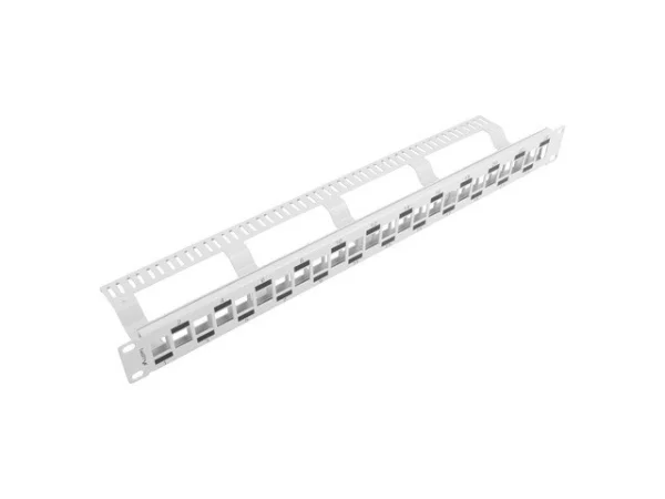 PATCH PANEL 24 PORTŮ 1U STAGGERED S ORGANIZÉREM PRO MODULY KEYSTONE ŠEDÝ
