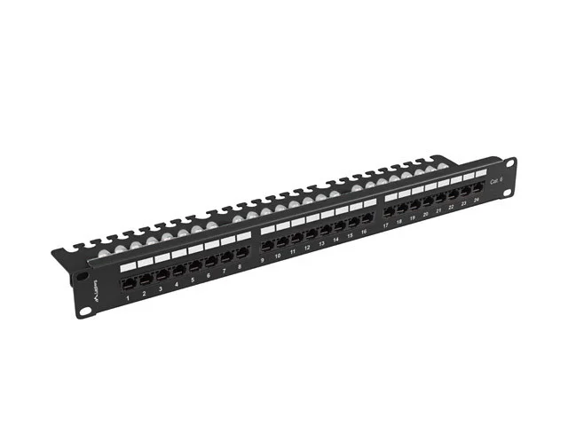 PATCH PANEL 24 PORTŮ 1U 19" CAT.6 UTP S POLICÍ ČERNÝ