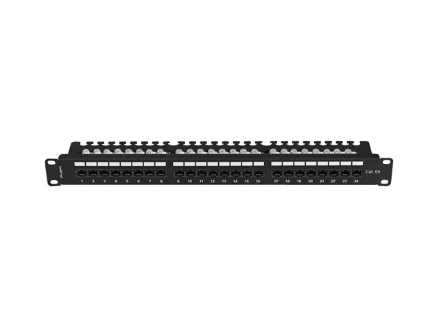 PATCH PANEL 24 PORTŮ 1U 19" CAT.6A UTP S POLICÍ ČERNÝ