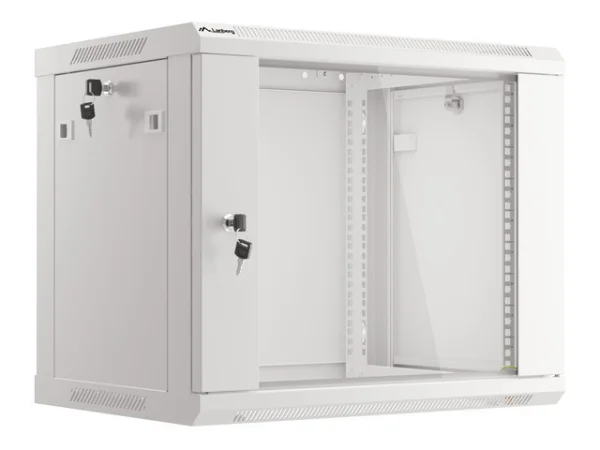 19" RACKOVÁ SKŘÍŇ PRO MONTÁŽ NA STĚNU 9U/600X450 (FLAT PACK) S PROSKLENÝMI DVEŘMI ŠEDÁ  V2