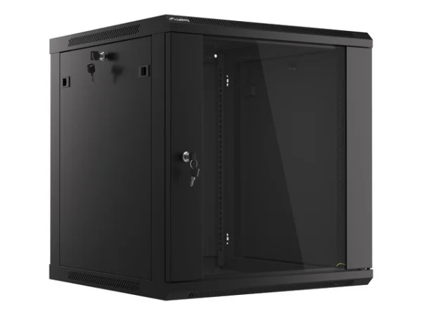 19" RACKOVÁ SKŘÍŇ PRO MONTÁŽ NA STĚNU 12U/600X600 (FLAT PACK) S PROSKLENÝMI DVEŘMI ČERNÁ  V2