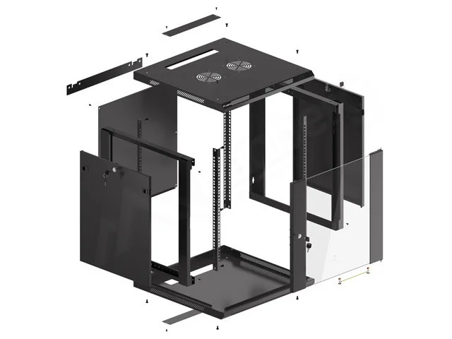 19" RACKOVÁ SKŘÍŇ PRO MONTÁŽ NA STĚNU 12U/600X600 (FLAT PACK) S PROSKLENÝMI DVEŘMI ČERNÁ  V2