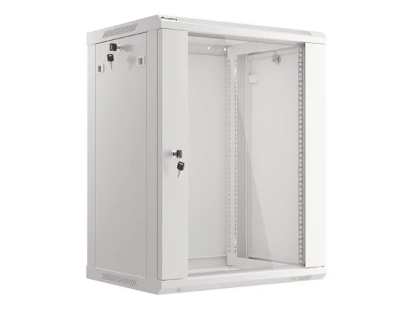 19" RACKOVÁ SKŘÍŇ PRO MONTÁŽ NA STĚNU 15U/600X450 (FLAT PACK) S PROSKLENÝMI DVEŘMI ŠEDÁ  V2