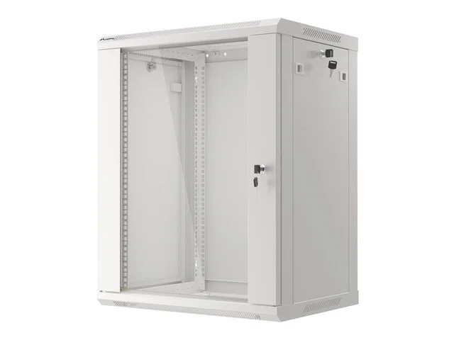 19" RACKOVÁ SKŘÍŇ PRO MONTÁŽ NA STĚNU 15U/600X450 (FLAT PACK) S PROSKLENÝMI DVEŘMI ŠEDÁ  V2