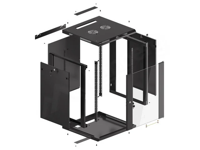19" RACKOVÁ SKŘÍŇ PRO MONTÁŽ NA STĚNU 15U/600X600 (FLAT PACK) S PROSKLENÝMI DVEŘMI ČERNÁ  V2