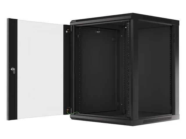 19" RACKOVÁ SKŘÍŇ PRO MONTÁŽ NA STĚNU 15U/600X600 (FLAT PACK) S PROSKLENÝMI DVEŘMI ČERNÁ  V2