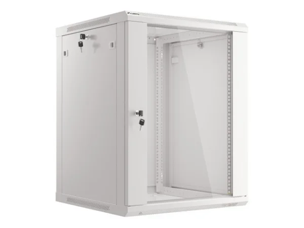19" RACKOVÁ SKŘÍŇ PRO MONTÁŽ NA STĚNU 15U/600X600 (FLAT PACK) S PROSKLENÝMI DVEŘMI ŠEDÁ  V2