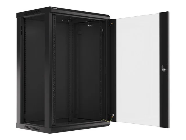 19" RACKOVÁ SKŘÍŇ PRO MONTÁŽ NA STĚNU 18U/600X450 (FLAT PACK) S PROSKLENÝMI DVEŘMI ČERNÁ  V2