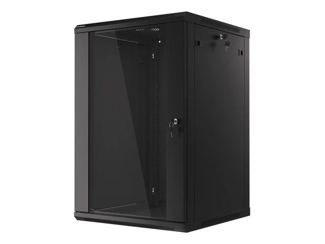 19" RACKOVÁ SKŘÍŇ PRO MONTÁŽ NA STĚNU 18U/600X600 (PLOCHÉ BALENÍ) S PROSKLENÝMI DVEŘMI ČERNÁ  V2