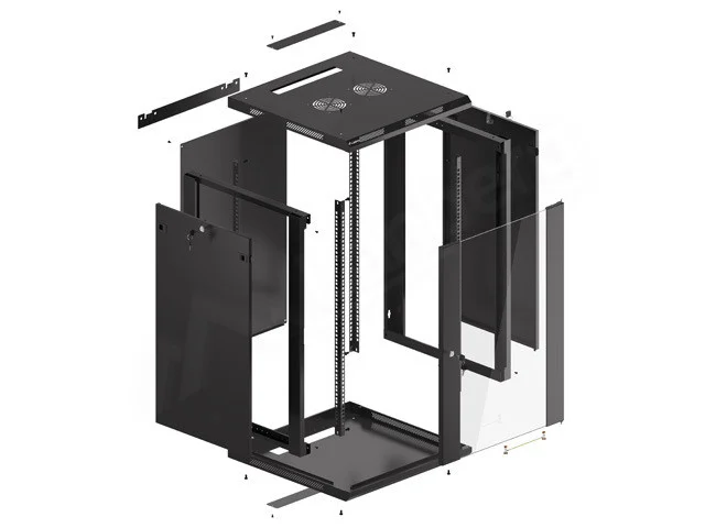 19" RACKOVÁ SKŘÍŇ PRO MONTÁŽ NA STĚNU 18U/600X600 (PLOCHÉ BALENÍ) S PROSKLENÝMI DVEŘMI ČERNÁ  V2