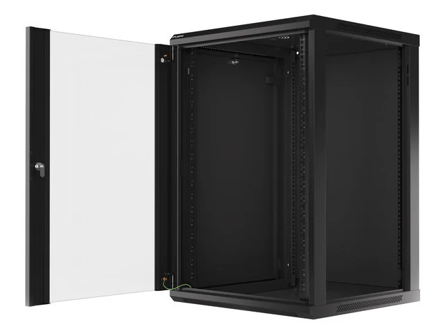 19" RACKOVÁ SKŘÍŇ PRO MONTÁŽ NA STĚNU 18U/600X600 (PLOCHÉ BALENÍ) S PROSKLENÝMI DVEŘMI ČERNÁ  V2