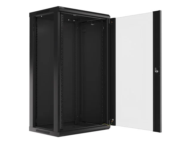 19" RACKOVÁ SKŘÍŇ PRO MONTÁŽ NA STĚNU 22U/600X450 (FLAT PACK) S PROSKLENÝMI DVEŘMI ČERNÁ  V2