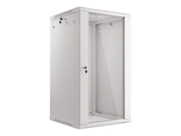 19" RACKOVÁ SKŘÍŇ PRO MONTÁŽ NA STĚNU 22U/600X600 (FLAT PACK) S PROSKLENÝMI DVEŘMI ŠEDÁ  V2