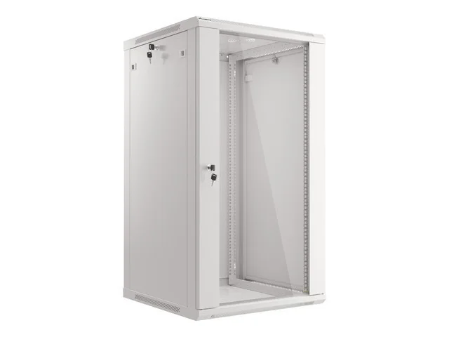 19" RACKOVÁ SKŘÍŇ PRO MONTÁŽ NA STĚNU 22U/600X600 (FLAT PACK) S PROSKLENÝMI DVEŘMI ŠEDÁ  V2
