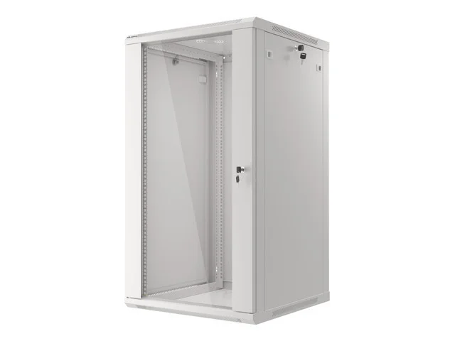 19" RACKOVÁ SKŘÍŇ PRO MONTÁŽ NA STĚNU 22U/600X600 (FLAT PACK) S PROSKLENÝMI DVEŘMI ŠEDÁ  V2