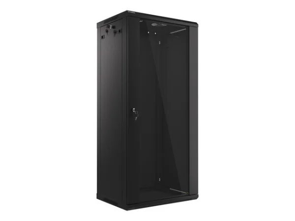 RACKOVÁ SKŘÍŇ 19" NÁSTĚNNÁ 27U/600X450 (FLAT PACK) S PROSKLENÝMI DVEŘMI ČERNÁ  V2