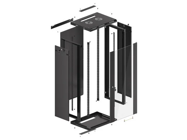 RACKOVÁ SKŘÍŇ 19" NÁSTĚNNÁ 27U/600X450 (FLAT PACK) S PROSKLENÝMI DVEŘMI ČERNÁ  V2