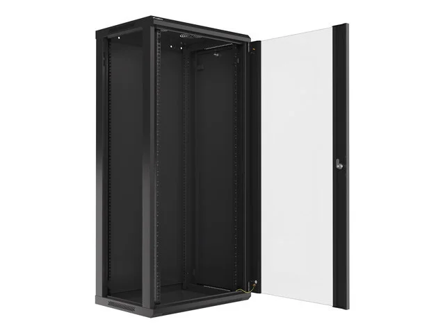RACKOVÁ SKŘÍŇ 19" NÁSTĚNNÁ 27U/600X450 (FLAT PACK) S PROSKLENÝMI DVEŘMI ČERNÁ  V2