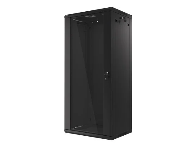 RACKOVÁ SKŘÍŇ 19" NÁSTĚNNÁ 27U/600X450 (FLAT PACK) S PROSKLENÝMI DVEŘMI ČERNÁ  V2