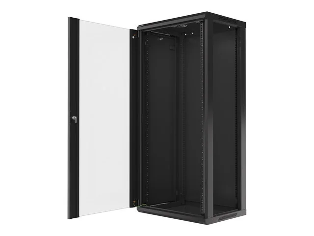 RACKOVÁ SKŘÍŇ 19" NÁSTĚNNÁ 27U/600X450 (FLAT PACK) S PROSKLENÝMI DVEŘMI ČERNÁ  V2