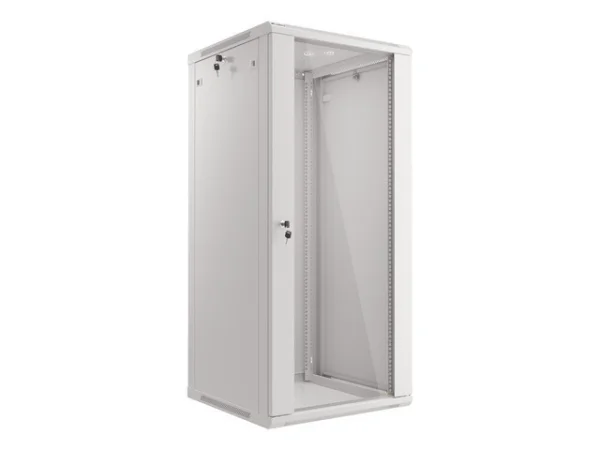 RACKOVÁ SKŘÍŇ 19" NÁSTĚNNÁ 27U/600X600 (FLAT PACK) S PROSKLENÝMI DVEŘMI ŠEDÁ  V2