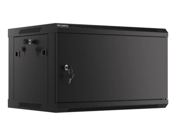 RACKOVÁ SKŘÍŇ 19" PRO MONTÁŽ NA STĚNU 6U/600X450 PRO VLASTNÍ MONTÁŽ S KOVOVÝMI DVEŘMI ČERNÁ  (PLOCHÉ BALENÍ)