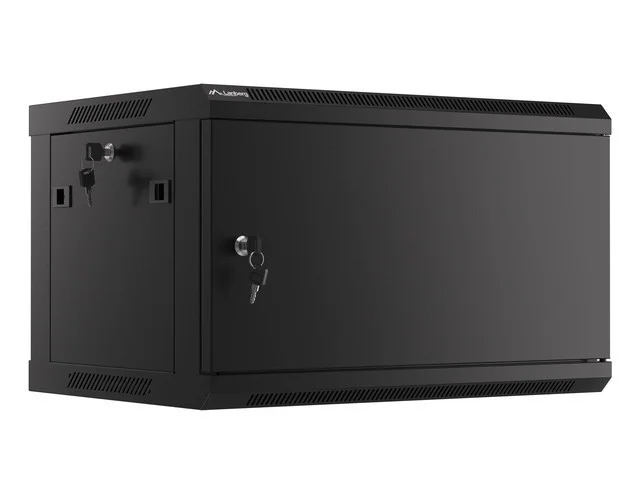 RACKOVÁ SKŘÍŇ 19" PRO MONTÁŽ NA STĚNU 6U/600X450 PRO VLASTNÍ MONTÁŽ S KOVOVÝMI DVEŘMI ČERNÁ  (PLOCHÉ BALENÍ)