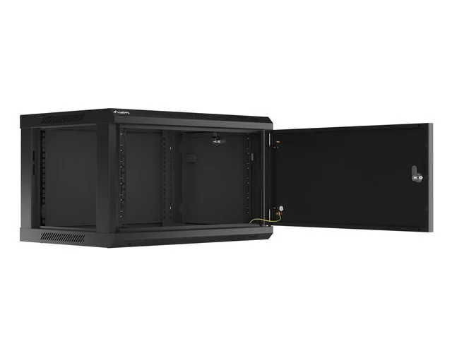 RACKOVÁ SKŘÍŇ 19" PRO MONTÁŽ NA STĚNU 6U/600X450 PRO VLASTNÍ MONTÁŽ S KOVOVÝMI DVEŘMI ČERNÁ  (PLOCHÉ BALENÍ)