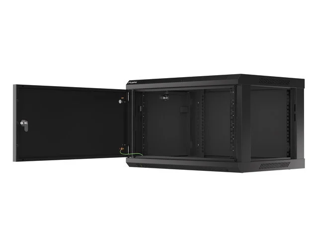 RACKOVÁ SKŘÍŇ 19" PRO MONTÁŽ NA STĚNU 6U/600X450 PRO VLASTNÍ MONTÁŽ S KOVOVÝMI DVEŘMI ČERNÁ  (PLOCHÉ BALENÍ)