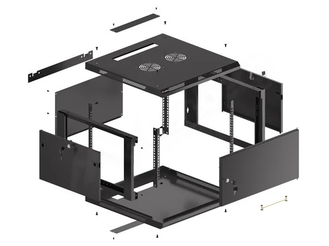 RACKOVÁ SKŘÍŇ 19" PRO MONTÁŽ NA STĚNU 6U/600X600 PRO VLASTNÍ MONTÁŽ S KOVOVÝMI DVEŘMI ČERNÁ  (PLOCHÉ BALENÍ)