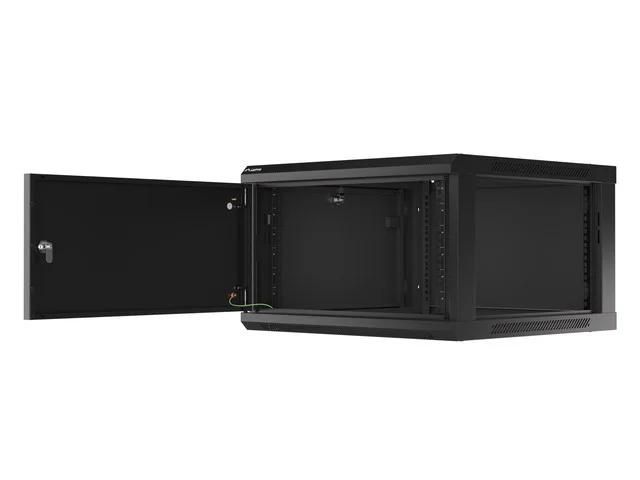 RACKOVÁ SKŘÍŇ 19" PRO MONTÁŽ NA STĚNU 6U/600X600 PRO VLASTNÍ MONTÁŽ S KOVOVÝMI DVEŘMI ČERNÁ  (PLOCHÉ BALENÍ)
