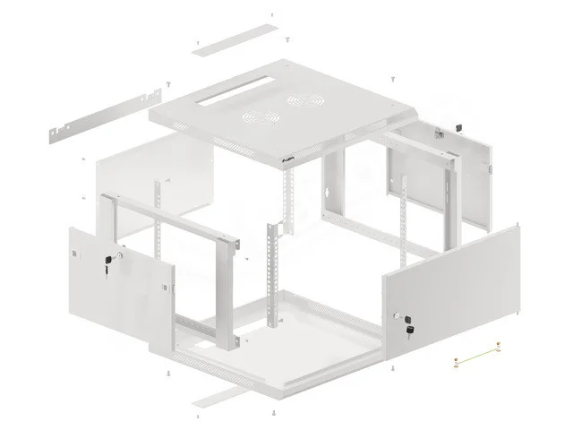 RACKOVÁ SKŘÍŇ 19" PRO MONTÁŽ NA STĚNU 6U/600X600 PRO VLASTNÍ MONTÁŽ S KOVOVÝMI DVEŘMI ŠEDÁ  (PLOCHÉ BALENÍ)