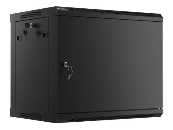 19" RACKOVÁ SKŘÍŇ PRO MONTÁŽ NA STĚNU 9U/600X450 PRO VLASTNÍ MONTÁŽ S KOVOVÝMI DVEŘMI ČERNÁ  (PLOCHÉ BALENÍ)