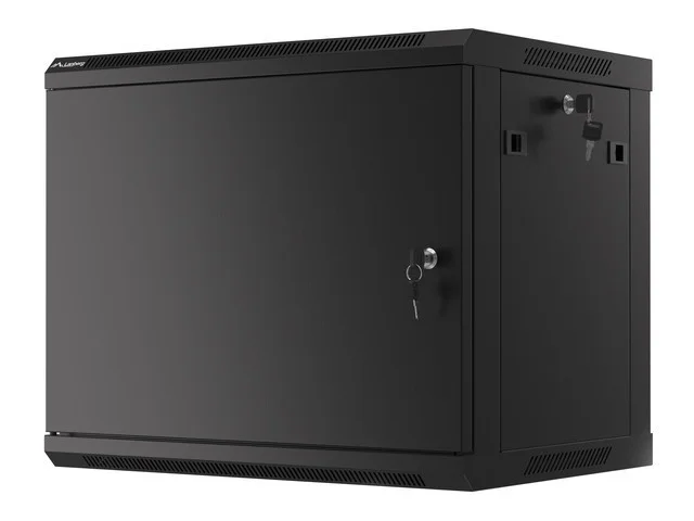 19" RACKOVÁ SKŘÍŇ PRO MONTÁŽ NA STĚNU 9U/600X450 PRO VLASTNÍ MONTÁŽ S KOVOVÝMI DVEŘMI ČERNÁ  (PLOCHÉ BALENÍ)
