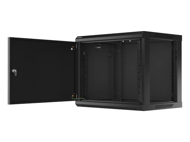 19" RACKOVÁ SKŘÍŇ PRO MONTÁŽ NA STĚNU 9U/600X450 PRO VLASTNÍ MONTÁŽ S KOVOVÝMI DVEŘMI ČERNÁ  (PLOCHÉ BALENÍ)
