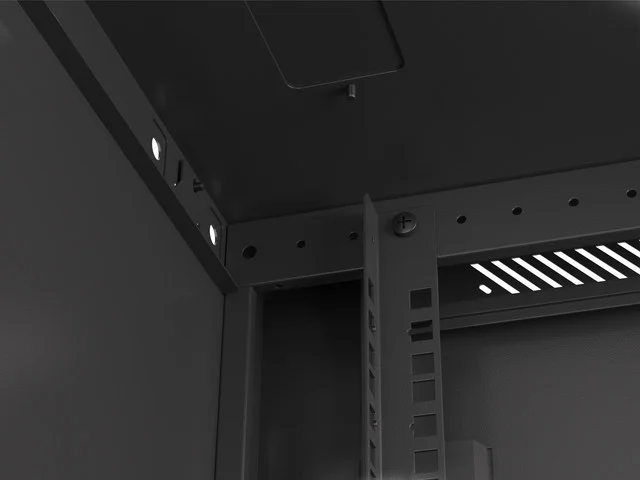 19" RACKOVÁ SKŘÍŇ PRO MONTÁŽ NA STĚNU 9U/600X450 PRO VLASTNÍ MONTÁŽ S KOVOVÝMI DVEŘMI ČERNÁ  (PLOCHÉ BALENÍ)